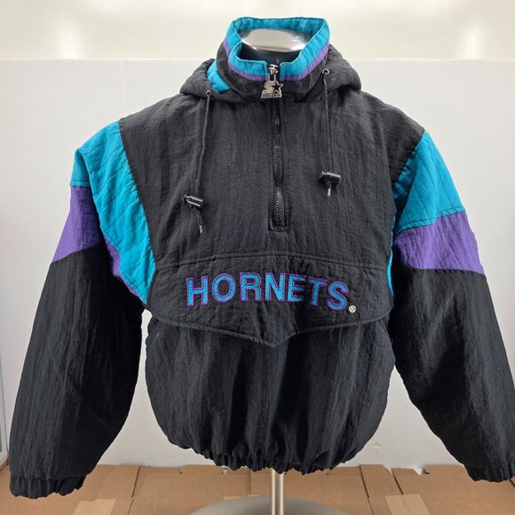 VTG 90s NBA CHARLOTTE HORNETS STARTER PUFFER JACKET PULLOVER SIZE L BLACK - Picture 1 of 15